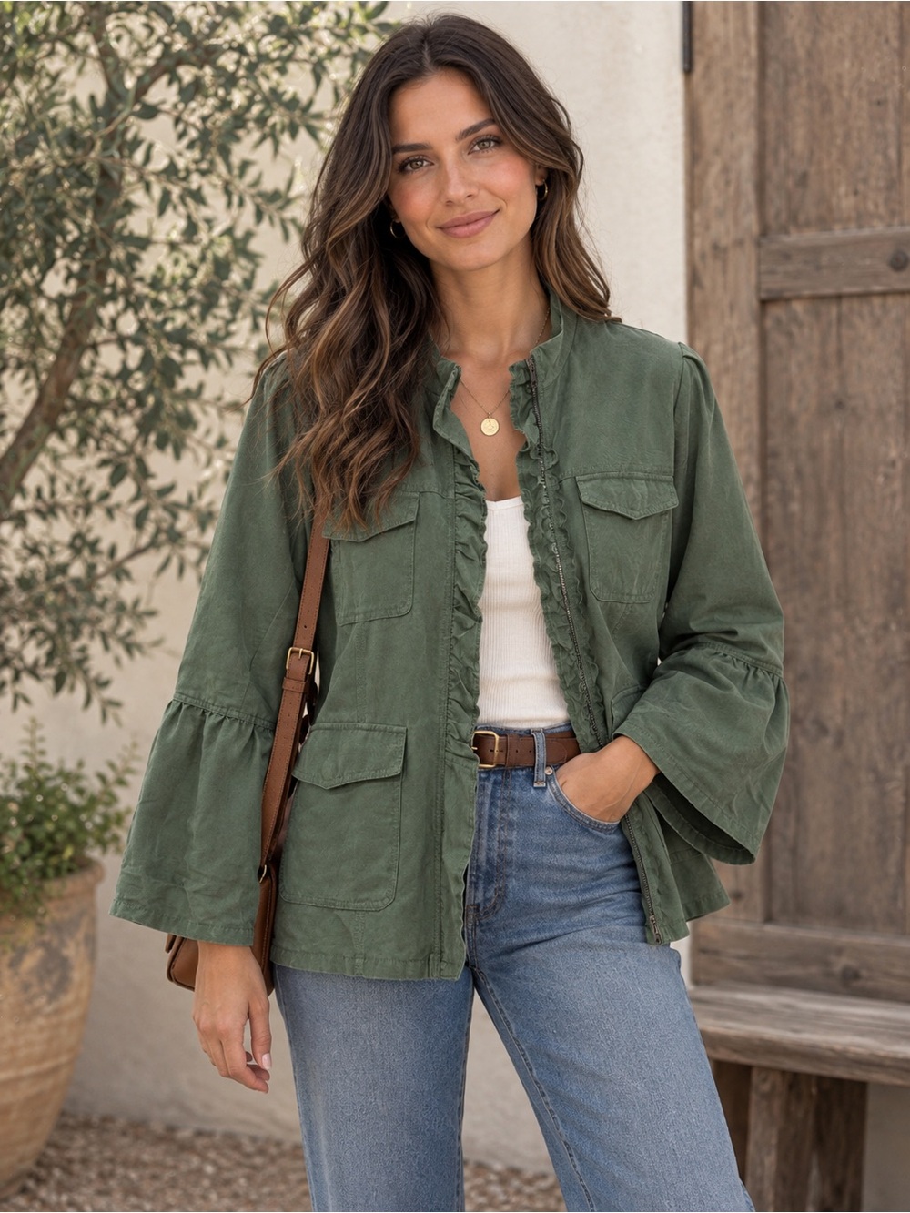 Hinge Ruffled Olive Utility Jacket with Bell Sleeves